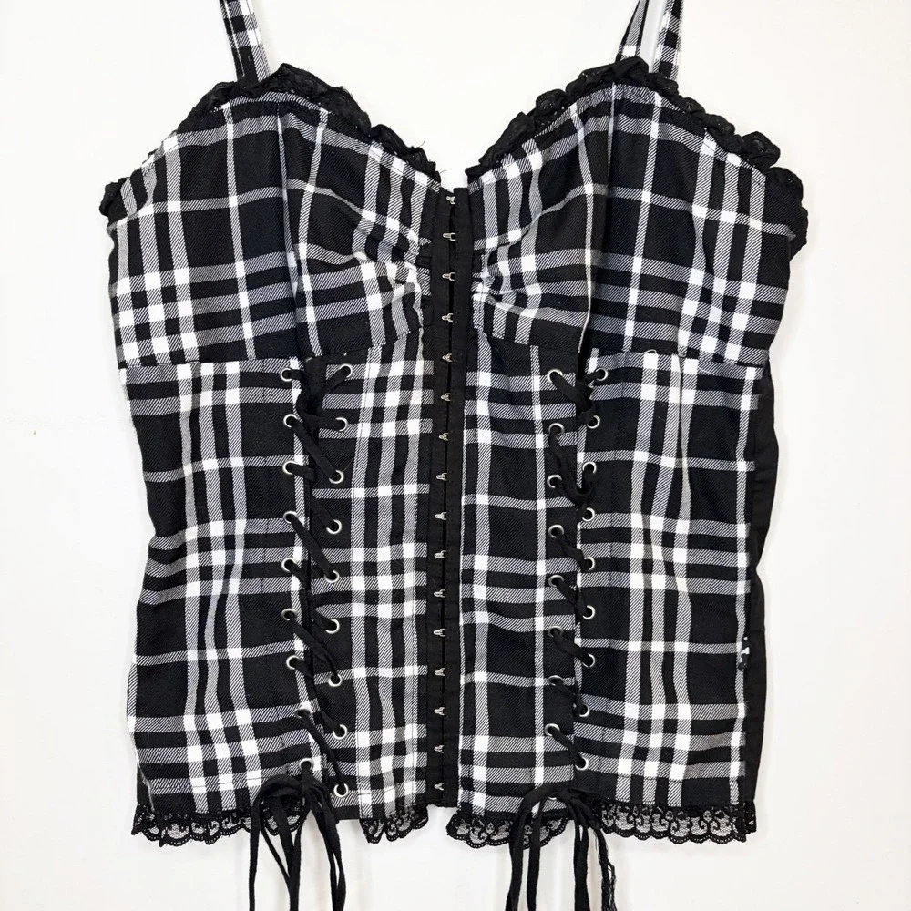 Royal Bones White Black Plaid Corset Top Lace Up Punk Goth Bustier Tank Camisole